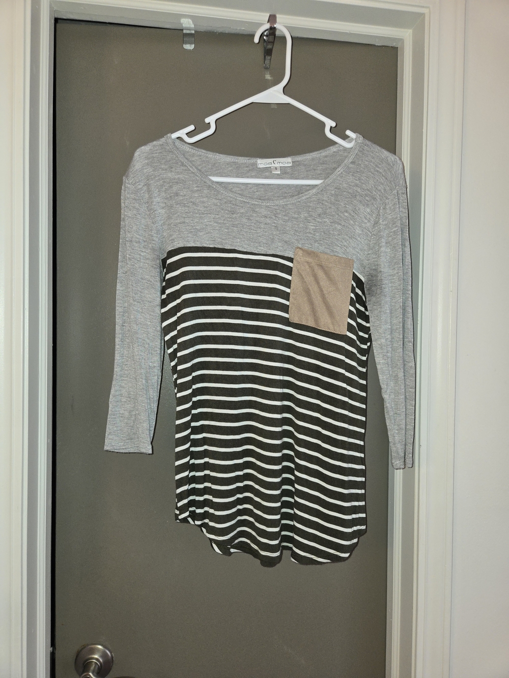 Striped Pocket Knit Top - Gray & Olive Green